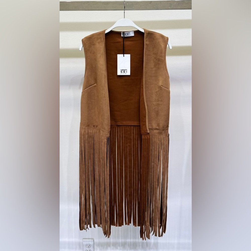 (57671-CML) FAUX SUEDE OPEN VEST WITH FRINGE HEM - Picture 1 of 6